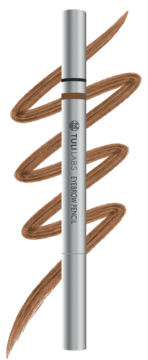 Srebrna kredka do brwi TUULABS EYEBROW PENCIL Warm Bronze, pionowo, z kremowymi brązowymi swatchami.