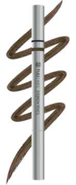 TUULABS Eyebrow Pencil Bronze. Srebrna kredka do brwi z brązowym swatche, pionowo na czarnym tle.