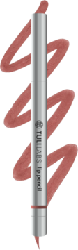 Tuli Labs Lipliner 01, jasnoróżowa kredka do ust, srebrna obudowa, widoczny ślad koloru na czarnym tle.