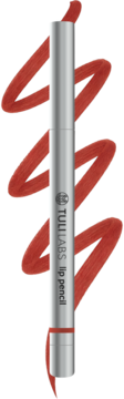 Srebrna kredka Tuli Labs Lip Pencil, odcień 02, z brązowo-czerwoną smugą koloru na czarnym tle.