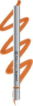 Pionowy TULLABS lip pencil w kolorze pomarańczowo-brązowym, z jasnoszarym korpusem i widoczną próbką koloru.