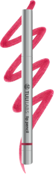 Srebrna kredka do ust TULL LABS Lip Pencil z różową końcówką, otoczona żywymi różowymi swatche.