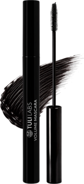 Czarny tusz TULI LABS Volume Mascara z wyjętą szczoteczką, dla pogrubienia i wydłużenia rzęs.