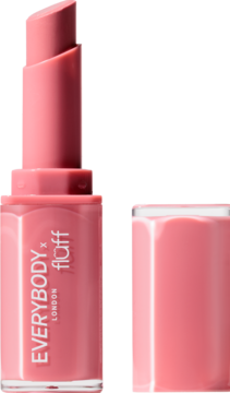 Otwarta, różowa pomadka Everybody London x Floff Plumping Lipstick, nawilżająca, z efektem powiększenia ust.