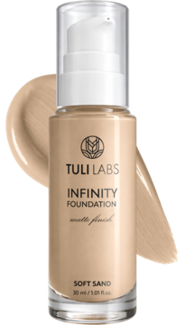 TULI LABS Infinity Foundation Soft Sand, matujący podkład w beżowej butelce z pompką, widok przodem, ze smugą.