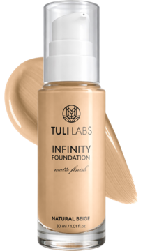 Tuli Labs Infinity Foundation Natural Beige, matujący podkład w butelce z pompką, widok z przodu, obok smuga.