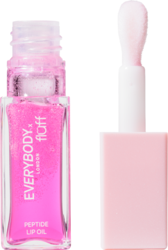 Różowy peptydowy olejek do ust Everybody x floff w szklanej butelce z brokatem, obok widoczny aplikator.