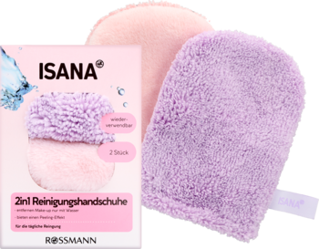 ISANA 2in1 Rękawiczki do demakijażu, puszyste, różowa i fioletowa, widoczne z przodu, na tle opakowania.