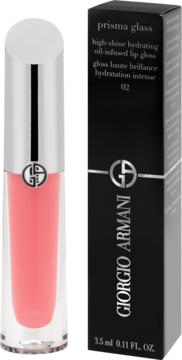 Różowy błyszczyk Giorgio Armani Prisma Glass o nawilżającym połysku obok czarnego opakowania.