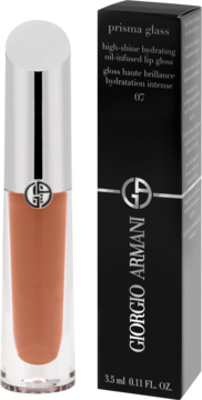 Giorgio Armani Prisma Glass błyszczyk nawilżający nr 07 w brzoskwiniowym odcieniu, obok czarne opakowanie.