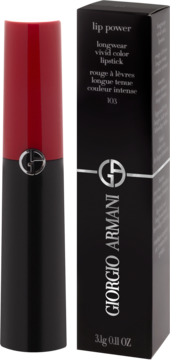 Giorgio Armani Lip Power pomadka 103, czarna tubka z czerwonym topem, srebrne logo. Obok czarne pudełko. Z przodu.