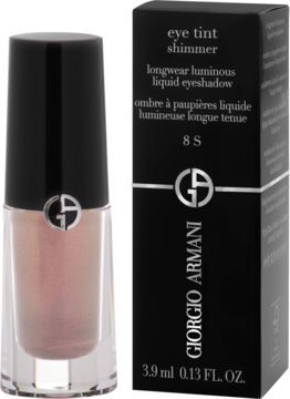 Giorgio Armani Eye Tint Shimmer, różowo-złoty płynny cień w butelce i czarnym pudełku z opisem, widok z przodu.