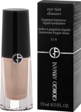 Giorgio Armani Eye Tint Shimmer, lśniący beżowy płynny cień do powiek, butelka obok czarnego pudełka, widok z przodu.