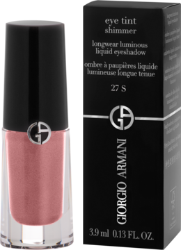 Giorgio Armani Eye Tint Shimmer nr 27 S, różowy płynny cień do powiek w butelce i czarne pudełko.
