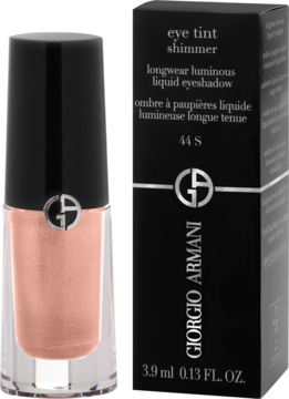 Błyszczący różany cień Giorgio Armani Eye Tint Shimmer 44S w butelce, obok czarne pudełko. Widok z przodu.