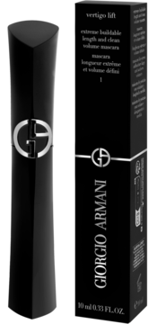 Czarny tusz do rzęs Giorgio Armani Vertigo Lift obok opakowania. Tekst: extreme buildable length mascara.