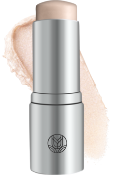 Tuli Labs Highlighting Glow Stick w srebrnym sztyfcie, z wysuniętym kremowym beżowym rozświetlaczem i smugą obok.