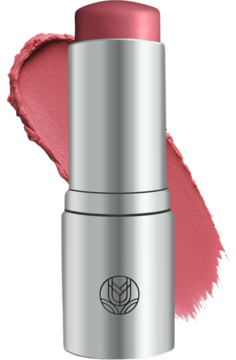 Tuli Labs Contour Blush Stick Fluffy, srebrny aplikator z kremowym różowym odcieniem, widok z przodu z rozmazaniem koloru.