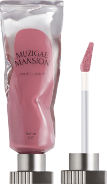 Różowy żelowy tint do ust Muzigae Mansion Objek Liquid Softie 017 w tubce, obok aplikator z produktem.