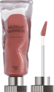 Muzigae Mansion Objet Liquid tint Sequence 002, matowy, różowy, z aplikatorem obok, widok z przodu.