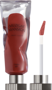 Zbliżenie na lekki tint do ust Muzigae Mansion Objet Liquid Chillin 007 w marszczonej tubce i aplikator.