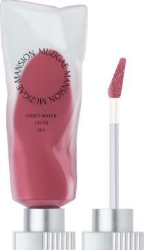 Muzigae Mansion matowy tint do ust Celeb 004 w przezroczystej tubce, z różowym produktem i aplikatorem.