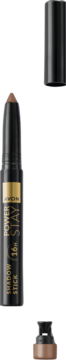 Avon Power Stay Shadow Stick 16H Burnt Caramel, czarny sztyft z brązową końcówką, nakrętka i spód osobno.