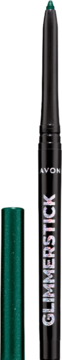 Diamentowa kredka do oczu Avon Glimmerstick Emerald Glow, zielona końcówka i otwarta nakładka.