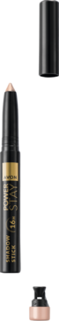 Cień do powiek Avon Power Stay Pearly Vanilla, czarny sztyft z beżową końcówką, obok nakrętka i baza koloru.