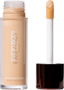 Rozświetlająca baza Everybody London Glow Face Primer Light, butelka i aplikator z jasnym płynem.