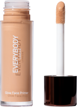 Butelka Everybody London Glow Face Primer medium z beżowym płynem, obok wyjęty aplikator z produktem.