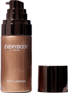 Everybody London Body Luminizer Copper, płynny rozświetlacz w butelce z pompką, z boku odkręcona nakrętka.