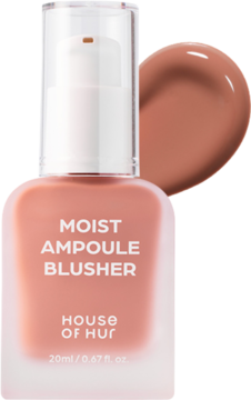 Brzoskwiniowy róż w płynie House of Hur Moist Ampoule Blusher w butelce z pompką i próbka, widok z przodu.