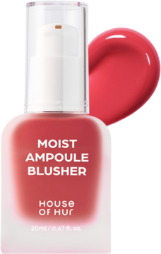 HOUSE OF HUR Moist Ampoule Blusher w matowej butelce z pompką, koralowo-różowy odcień, widok z przodu z dużym swatche.