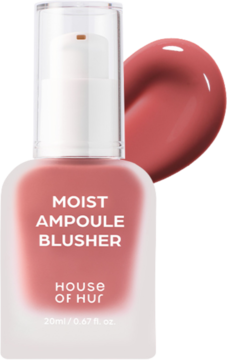 Moist Ampoule Blusher House of Hur w matowej butelce z pompką, z widocznym różanym swatche.