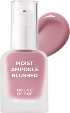 House of Hur Moist Ampoule Blusher, różowy róż w płynie w matowej butelce z pompką, obok kropla testowa.