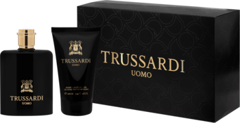 Czarny zestaw prezentowy Trussardi Uomo: butelka perfum z złotą nakrętką, tuba żelu i eleganckie pudełko.