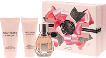 Zestaw perfum Viktor&Rolf Flowerbomb: flakon, dwie różowe tubki i pudełko prezentowe z ozdobną kokardą.