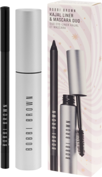 Bobbi Brown Kajal Liner & Mascara Duo. Zestaw z czarną kredką i tuszem w srebrnych tubkach, obok różowe pudełko.