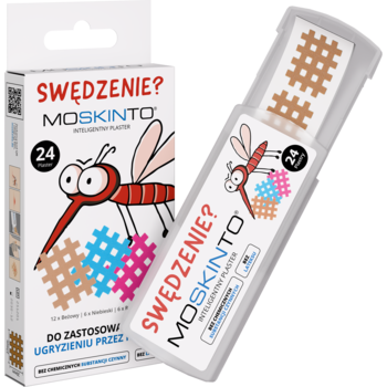 MosKinto plastry na swędzenie po ukąszeniach, 24 szt. Białe pudełko z komarem i otwarty dozownik plastrów.