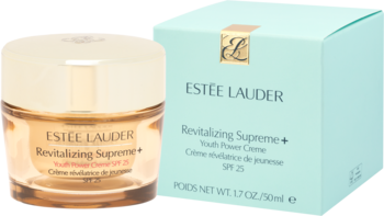 Estée Lauder Revitalizing Supreme+ Youth Power Creme SPF 25 w złotym słoiczku i turkusowym pudełku, pod kątem.