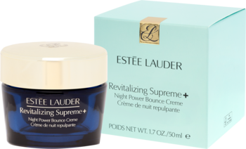 Estée Lauder Revitalizing Supreme+ Night Cream, ciemnoniebieski słoik i jasnoniebieskie pudełko, ujędrnia, nawilża.