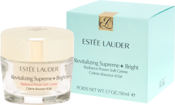 Estée Lauder Revitalizing Supreme+ Bright krem rozświetlający z witaminą C, w szklanym słoiczku i miętowym pudełku.