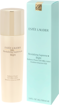 Estee Lauder Revitalizing Supreme+ Bright rozjaśniające mleczko, beżowa butelka i błękitne pudełko.