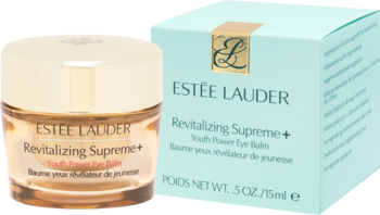 Estée Lauder Revitalizing Supreme+ Youth Power Eye Balm w złotym słoiczku i miętowym pudełku, widok z przodu.