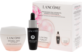 Lancôme zestaw Hydra Zen i Génifique: biały krem, czarne serum oraz pudełko z opisem na białym tle.