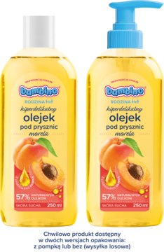 Dwa hiperdelikatne olejki Bambino Rodzina Morela 250ml, jeden z pompką, drugi z zakrętką, dla skóry suchej.