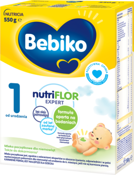 Bebiko 1 nutriFLOR EXPERT, mleko początkowe od urodzenia, bez oleju palmowego, w żółto-niebieskim pudełku.