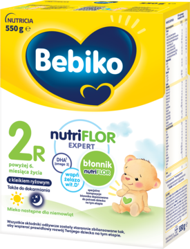 Bebiko 2R nutriFLOR EXPERT mleko następne w żółto-białym kartonie z kleikiem ryżowym, front opakowania.