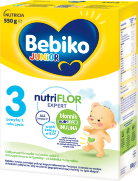 Bebiko Junior 3 nutriFLOR EXPERT, mleko modyfikowane z inuliną, żółto-niebieskie pudełko, widok z przodu.